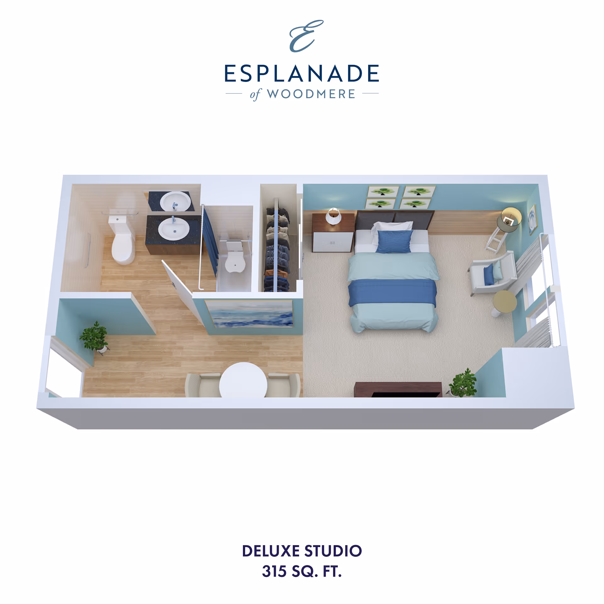 3D floor plan of a deluxe studio apartment at Esplanade of Woodmere, showing a combined living and sleeping area with a bed, nightstand, chair, and small table. The studio includes a bathroom with a toilet, double sink vanity, and shower, as well as a closet and a small dining area with a round table and two chairs.