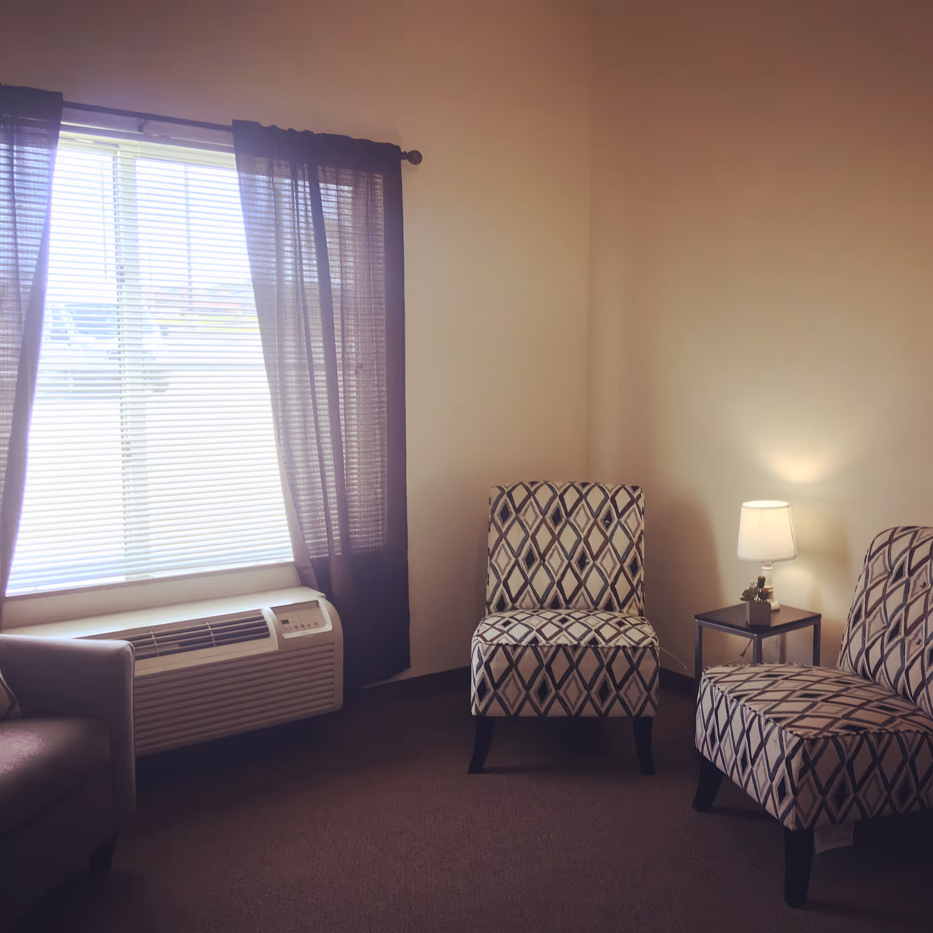 A cozy living room area with two patterned armchairs, a small side table with a lamp and a small plant, a window with blinds and sheer curtains, and an air conditioning unit below the window.