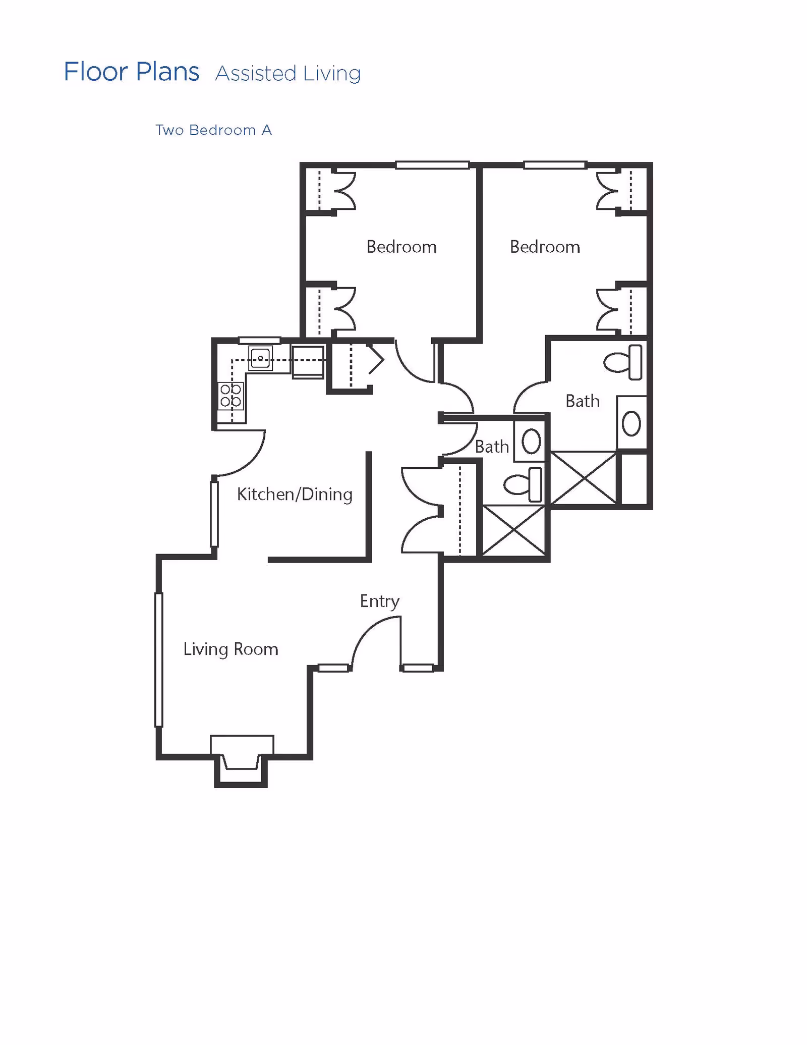 Floor plan for an assisted living two-bedroom apartment labeled Two Bedroom A, showing two bedrooms, two bathrooms, a kitchen/dining area, a living room, and an entryway.