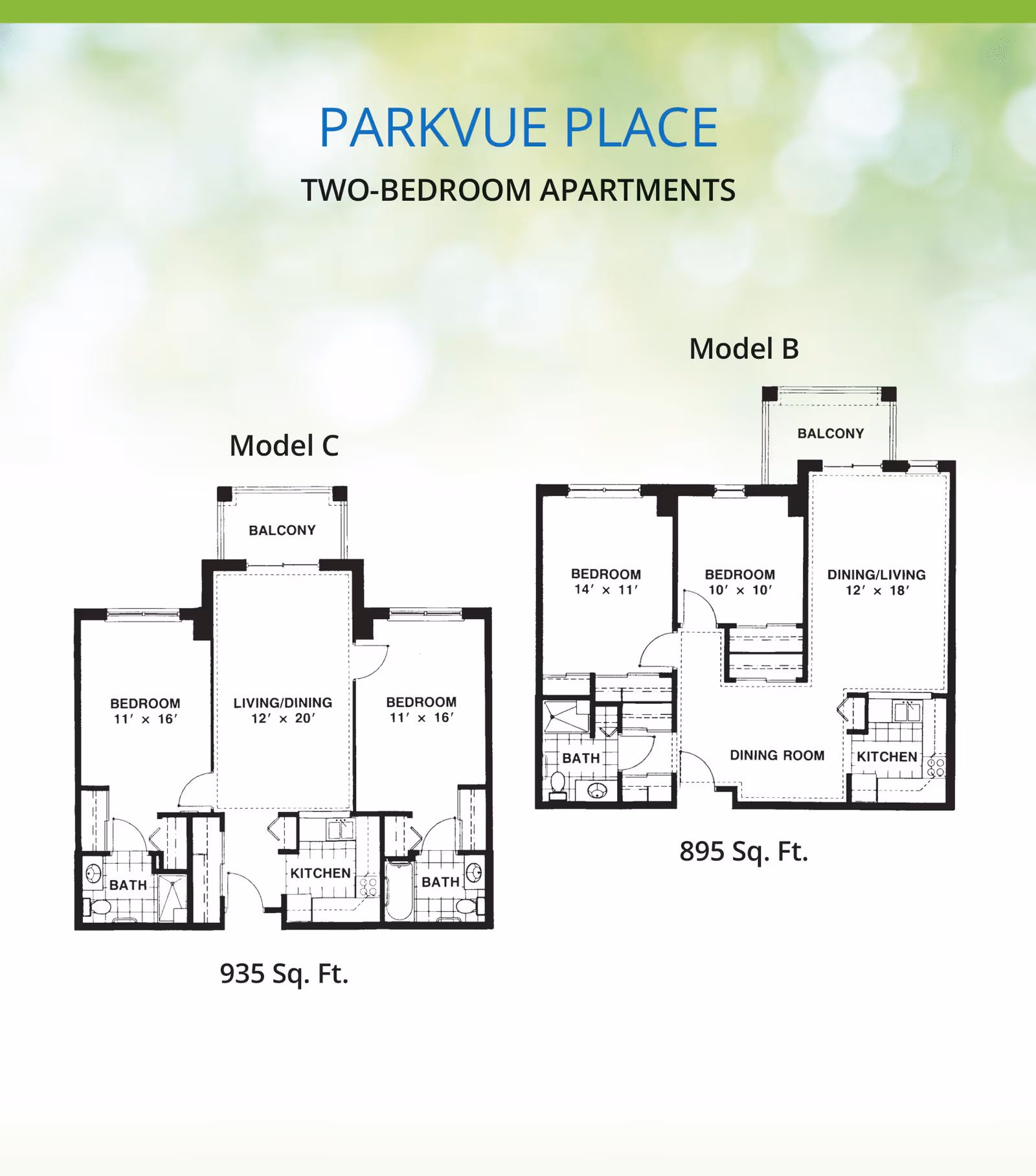 Floor plans for two-bedroom apartments at Parkvue Place, showing Model C with 935 sq. ft. and Model B with 895 sq. ft. Each plan includes bedrooms, bathrooms, kitchen, living/dining areas, and balconies.