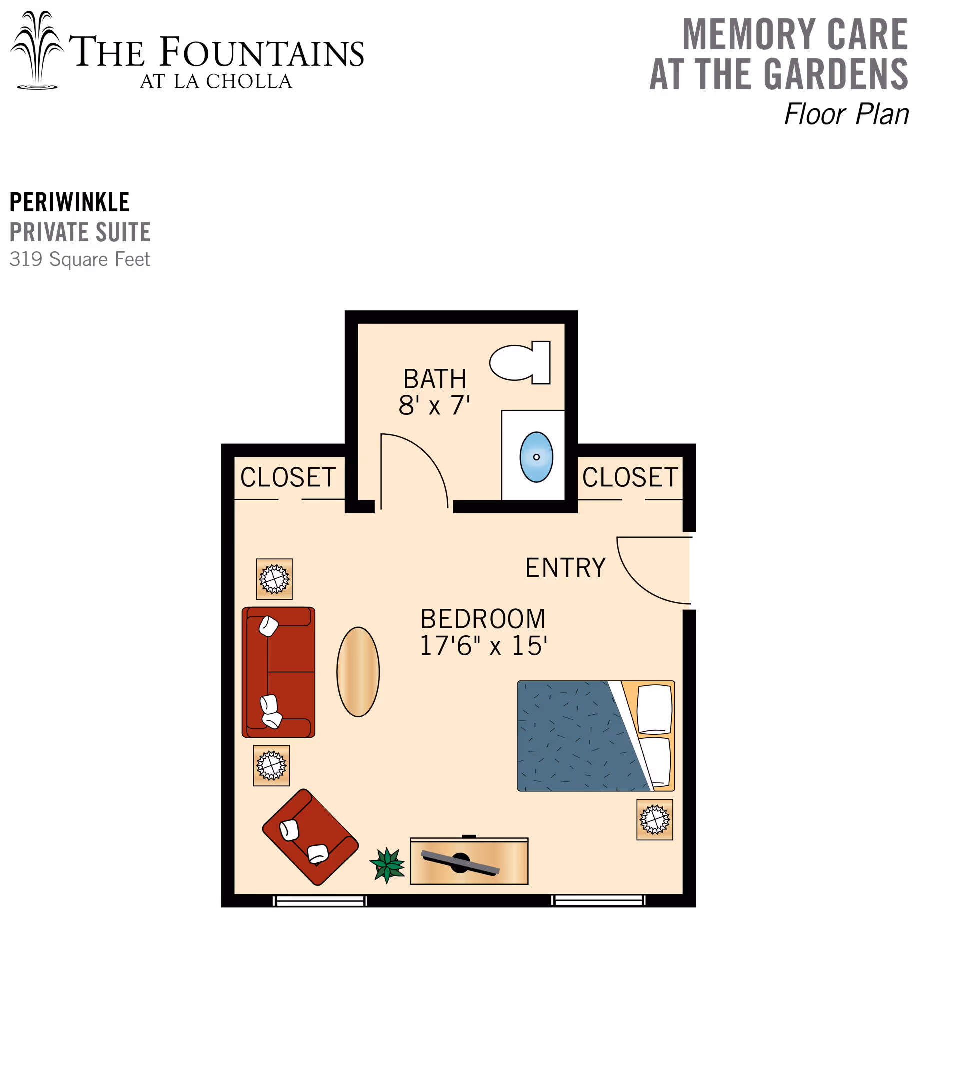 Floor plan of a private suite at The Fountains at La Cholla showing a bedroom area measuring 17 feet 6 inches by 15 feet, a bathroom measuring 8 feet by 7 feet, two closets, an entryway, and furniture including a bed, sofa, chair, coffee table, side tables, and a TV stand.
