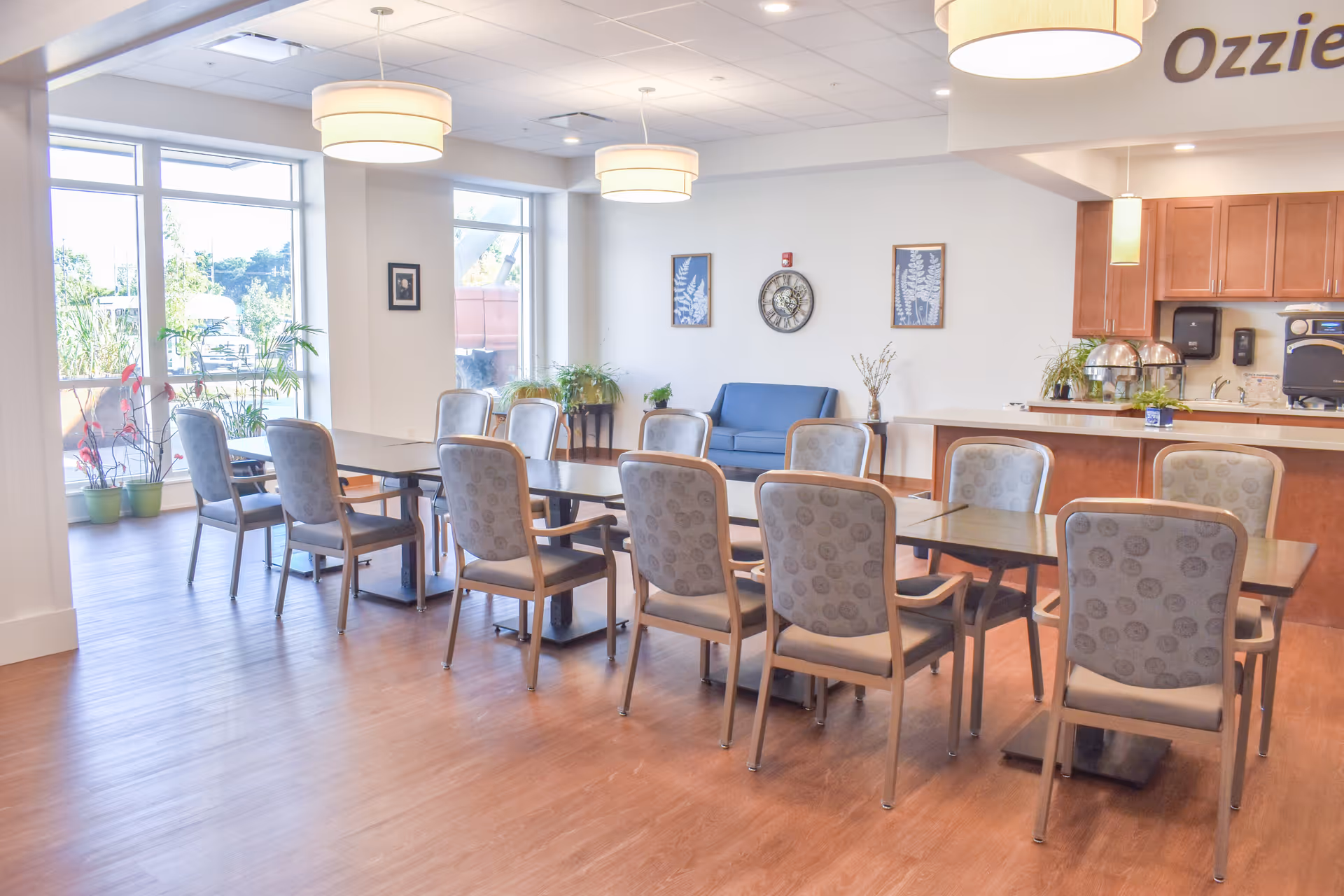 A bright dining room with large windows letting in natural light. The room features two rectangular tables pushed together with twelve cushioned chairs around them. There are plants near the windows and a blue couch against the far wall beneath a clock and two framed pictures. The room has wooden flooring and modern ceiling lights. A kitchen counter with cabinets and a coffee machine is visible in the background.