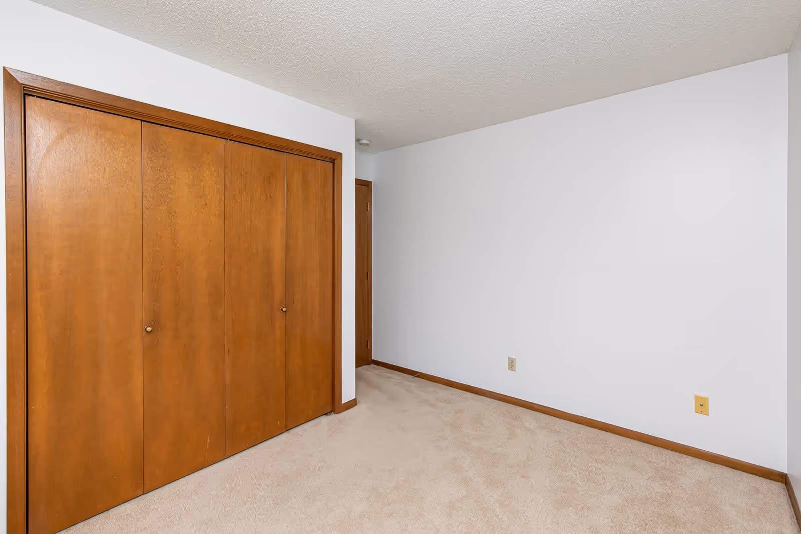 Empty room with beige carpet, white walls, and a large wooden closet with four doors. There is a small wooden door in the corner and a yellow electrical outlet on the wall.