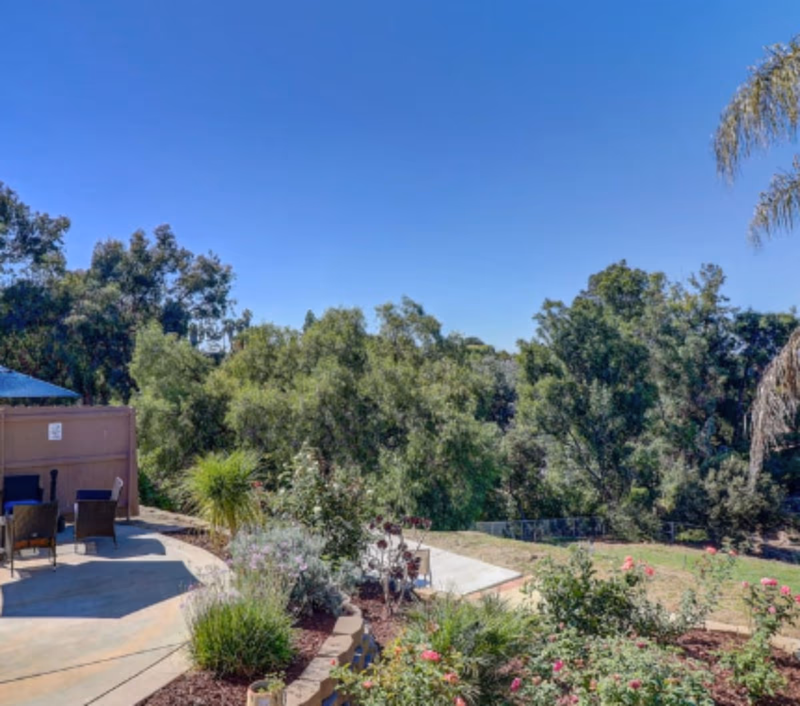 Outdoor patio area with chairs and a table under a blue umbrella, surrounded by landscaped garden beds with various plants and flowers, and large green trees in the background under a clear blue sky.