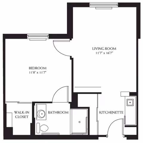 Floor plan of a senior living unit at Tequesta Terrace showing a bedroom with walk-in closet, a bathroom, a kitchenette, and a living room with dimensions labeled.