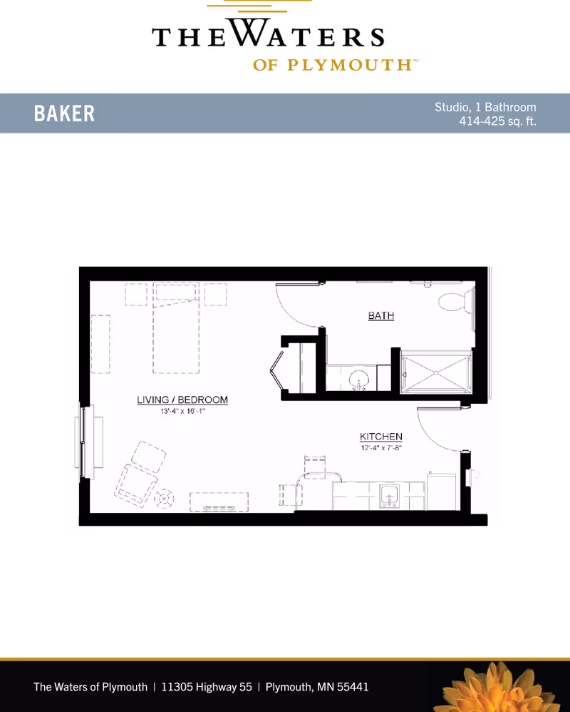Floor plan of a studio apartment named Baker at The Waters of Plymouth, showing a combined living and bedroom area, a kitchen, and a bathroom. The living/bedroom area measures 13 feet 4 inches by 16 feet 1 inch, the kitchen measures 12 feet 4 inches by 7 feet 8 inches, and the bathroom includes a shower, toilet, and sink.