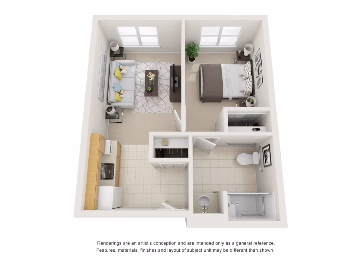 3D floor plan of a one-bedroom apartment featuring a living room with a sofa, coffee table, and TV, a bedroom with a bed and nightstands, a kitchen with appliances and cabinets, and a bathroom with a toilet, sink, and shower.