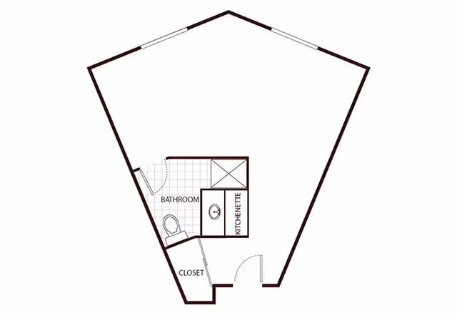 Architectural floor plan of a small living space featuring a bathroom with a toilet and shower, a kitchenette, and a closet. The layout is pentagon-shaped with labeled areas and door placements.