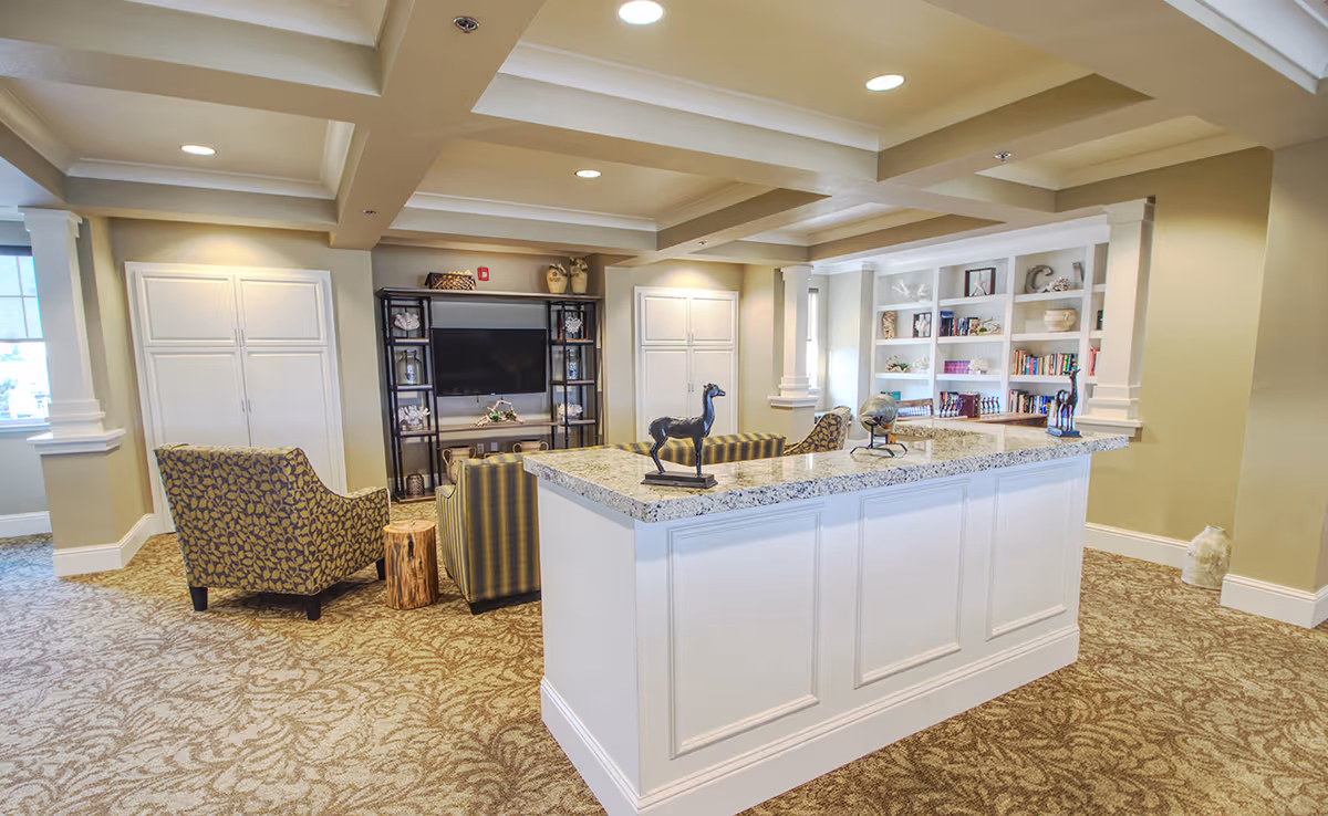 A cozy living room area in Carmel Village Memory Care featuring a granite countertop island with decorative sculptures, patterned armchairs, a TV on a black metal stand, built-in white cabinets, and a bookshelf filled with books and decorative items. The room has beige walls, carpeted floors with a leaf pattern, and recessed ceiling lights.