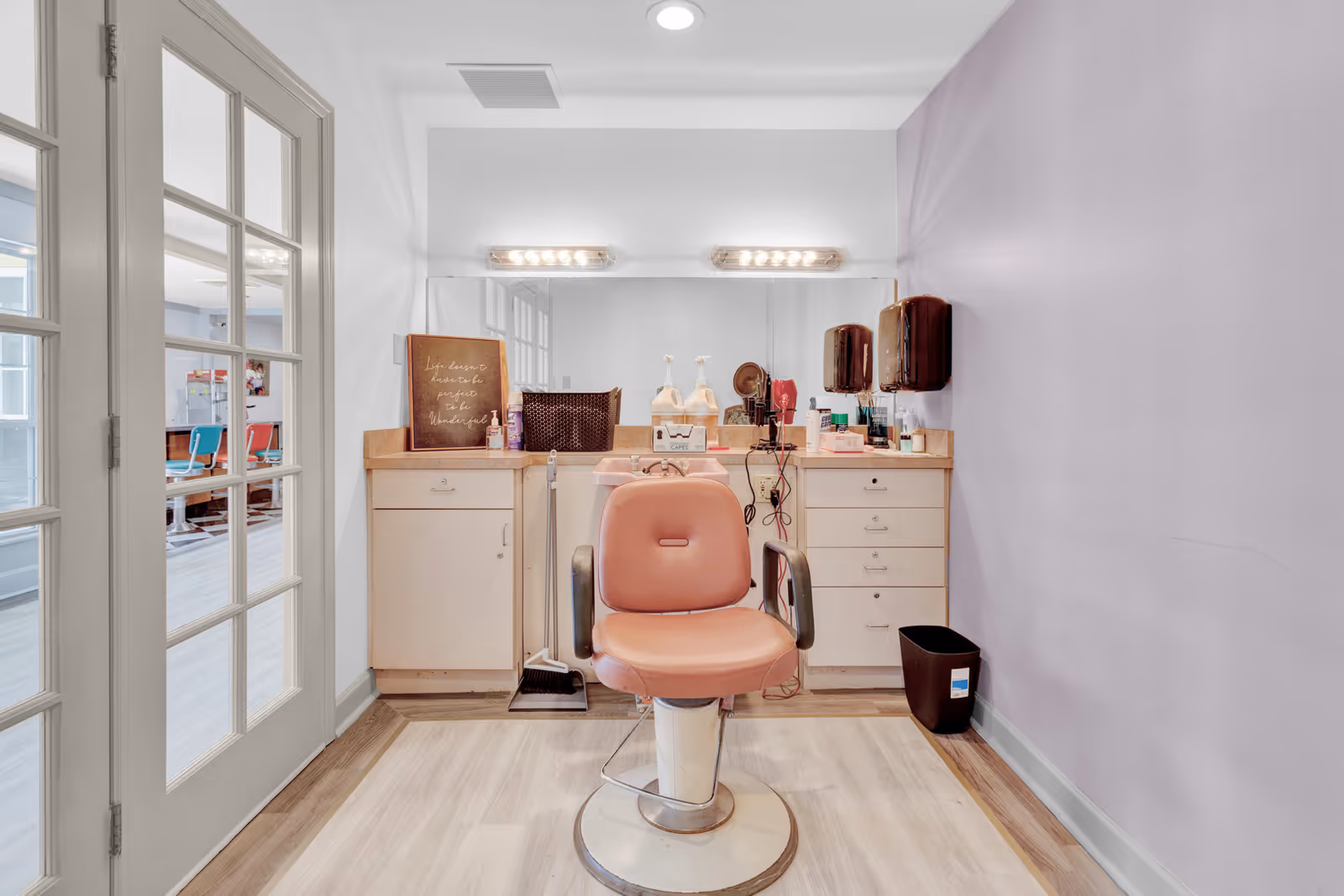 A small salon or grooming area with a pink salon chair in front of a counter with a large mirror. The counter has various grooming supplies, a basket, and a framed sign. There are two wall-mounted dispensers and a trash bin on the right side. A glass-paneled door on the left leads to another room with colorful chairs.