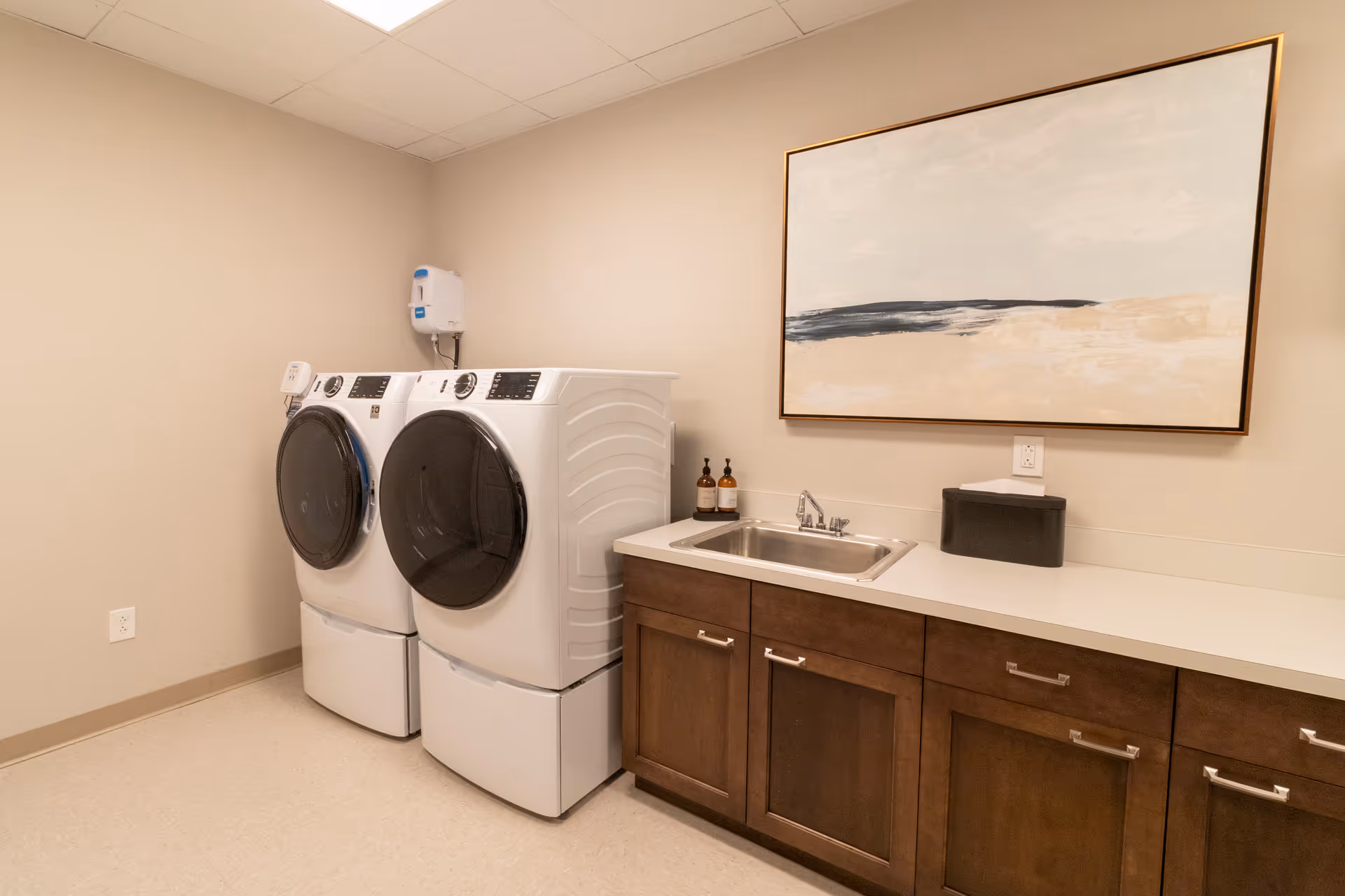 Laundry room with front-loading washer and dryer, a sink set in a countertop, cabinets, and a large framed painting on the wall.