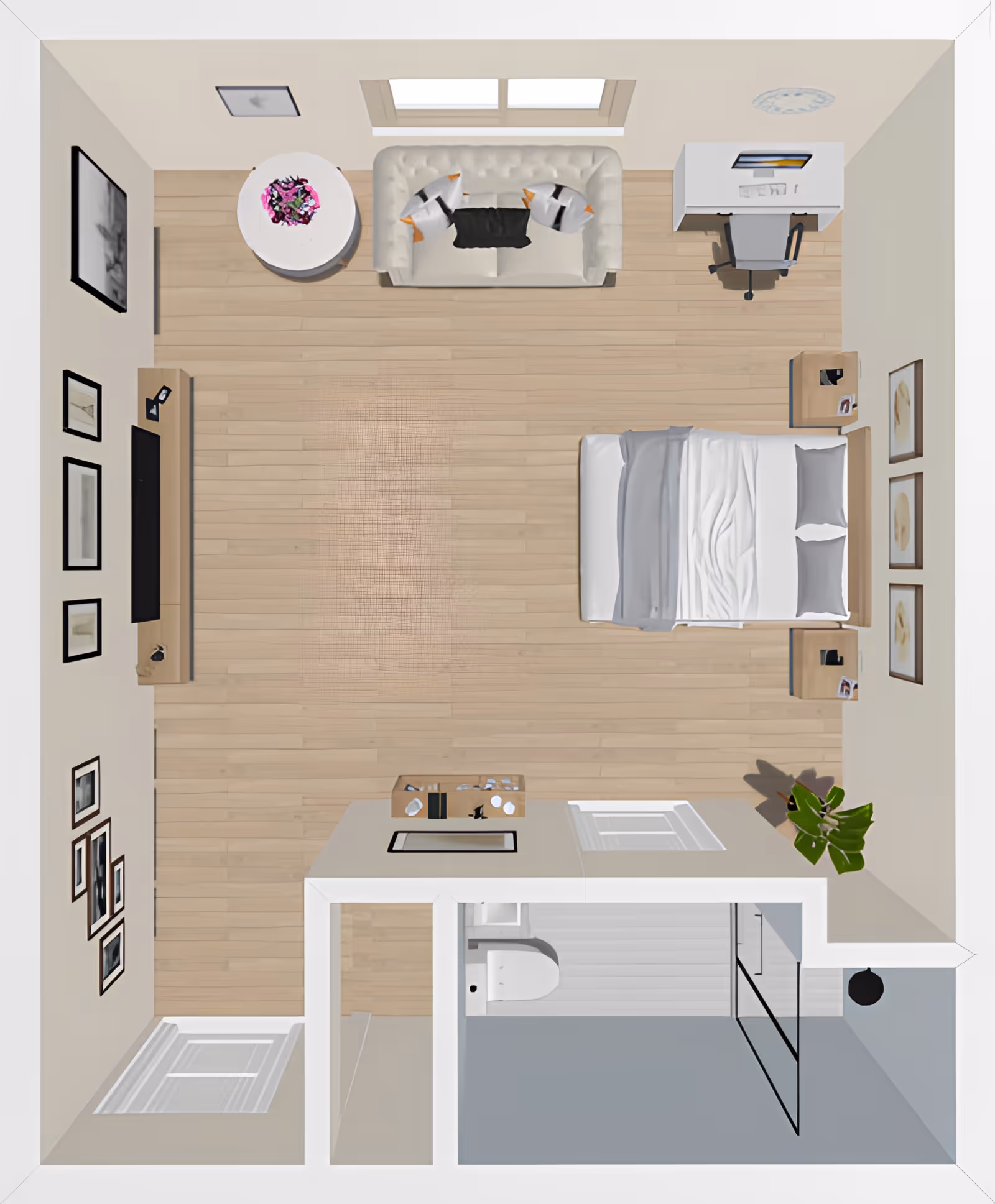 Top-down view of a furnished bedroom with a bed, two nightstands, a sofa with cushions, a round table with a flower arrangement, a desk with a chair and computer, a TV mounted on the wall with a console below, several framed pictures on the walls, a plant in the corner, and an attached bathroom with a toilet and shower.