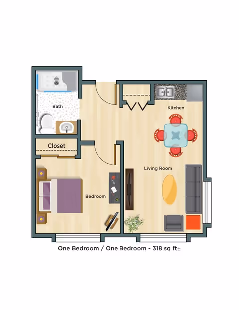 Colorful floor plan illustration of a one-bedroom, one-bathroom 318 sq ft apartment showing a bedroom, closet, bath, kitchen, and living room.