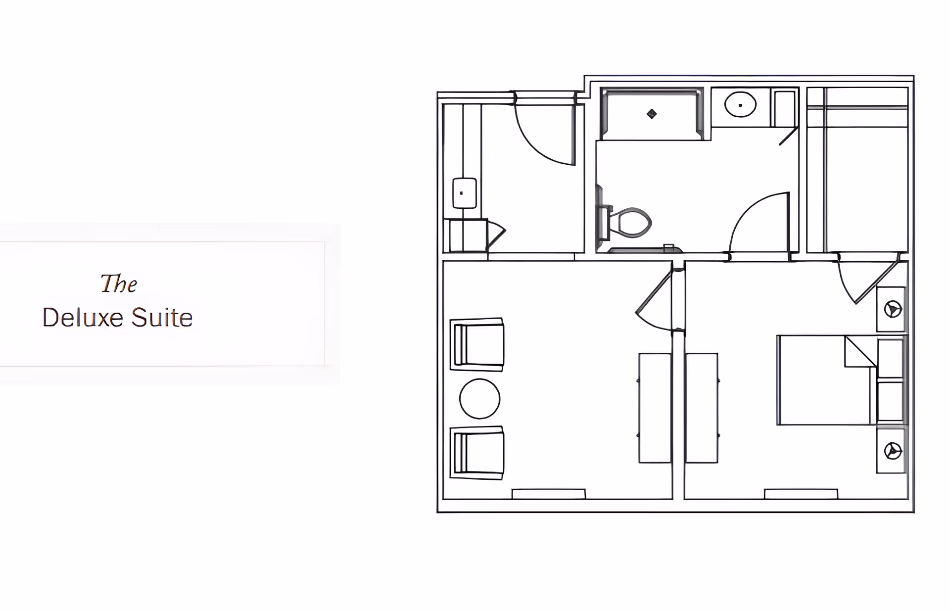 Floor plan layout labeled 'The Deluxe Suite' showing a living area with two chairs and a table, a bedroom with a bed and nightstands, and a bathroom with a shower, toilet, and sink.