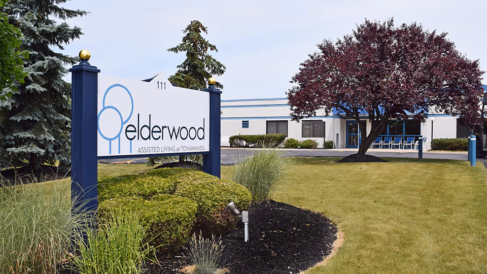 Outdoor view of Elderwood Assisted Living at Tonawanda facility showing a large sign with the facility name in front of a landscaped area with bushes and grass. In the background, there is a building with a tree with dark red leaves near the entrance.