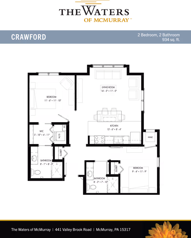 Floor plan layout of a two-bedroom, two-bathroom apartment named Crawford at The Waters of McMurray. The plan shows the dimensions and arrangement of rooms including two bedrooms, two bathrooms, a living room, kitchen, walk-in closet, HVAC, and closets.