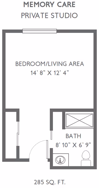 Floor plan of a memory care private studio showing a bedroom/living area measuring 14 feet 8 inches by 12 feet 4 inches, a bathroom measuring 8 feet 10 inches by 6 feet 9 inches, and a total area of 285 square feet.