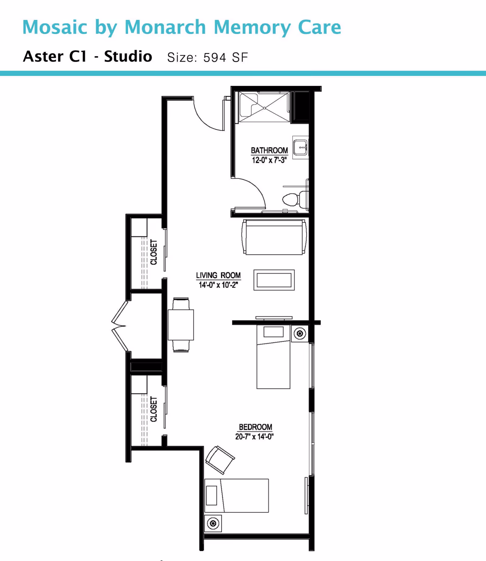 Floor plan of a studio apartment named Aster C1 at Mosaic by Monarch Memory Care, showing a 594 square feet layout with a bathroom, living room, bedroom, and two closets.