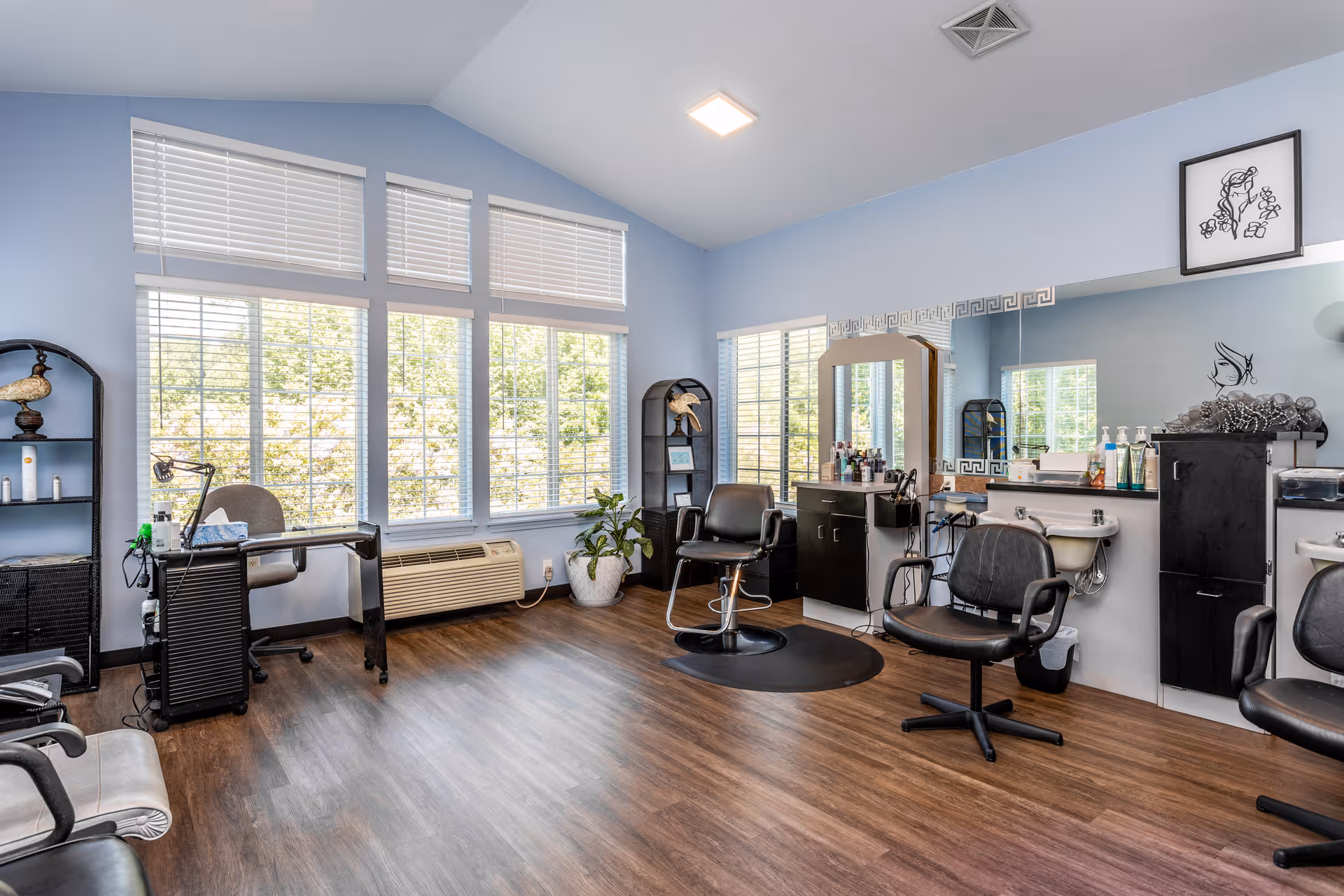 A bright and spacious hair salon room with large windows covered by white blinds letting in natural light. The room has light blue walls and wood flooring. There are three black salon chairs, a large mirror on one wall, and black shelving units with hair products and decorative items. A small desk with a chair and a potted plant are also visible.