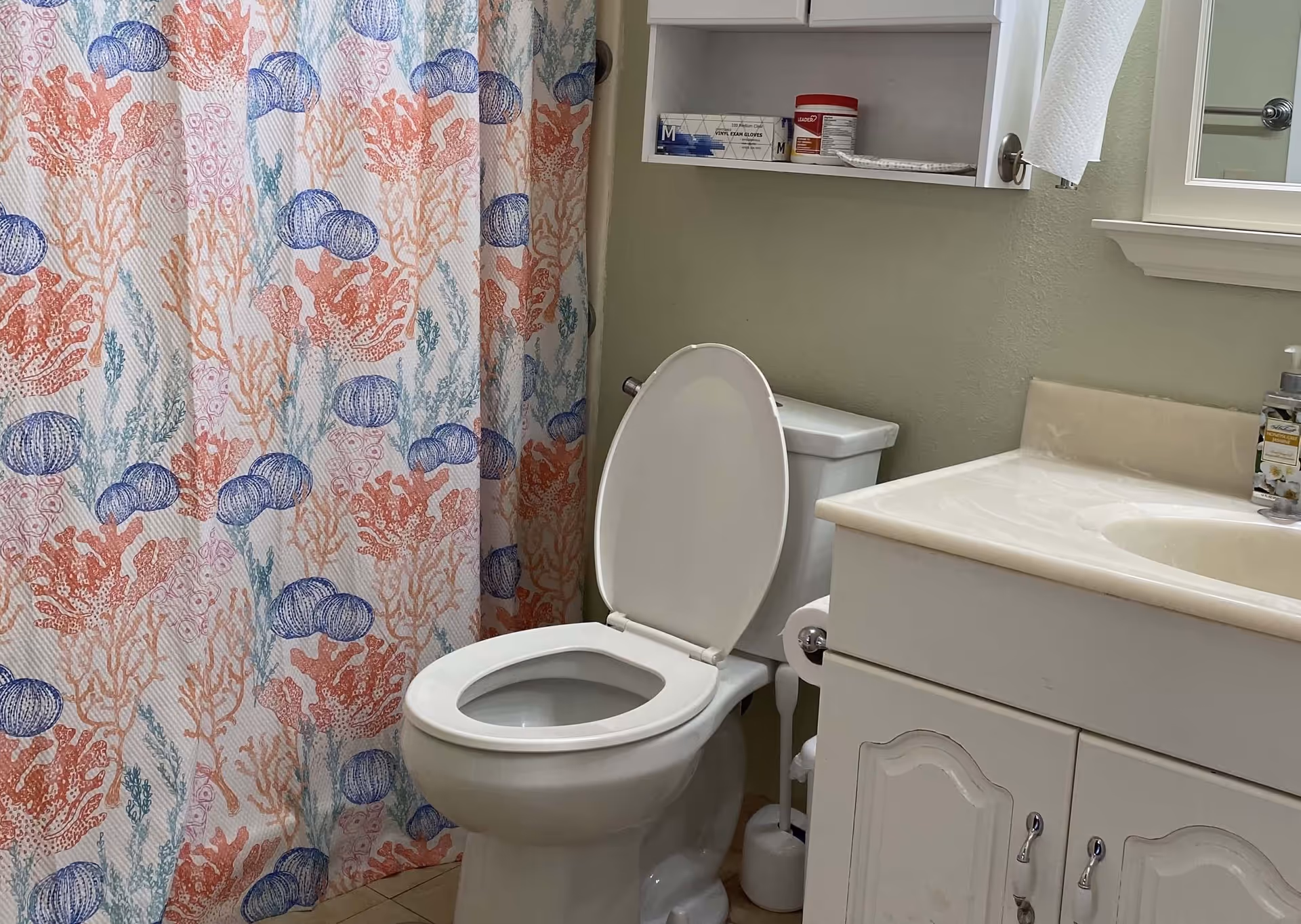 A bathroom with a white toilet with the lid open, a white vanity with a sink and a soap dispenser, a wall-mounted cabinet with medical supplies, a towel holder with a paper towel roll, and a shower curtain featuring a colorful coral and seashell pattern.
