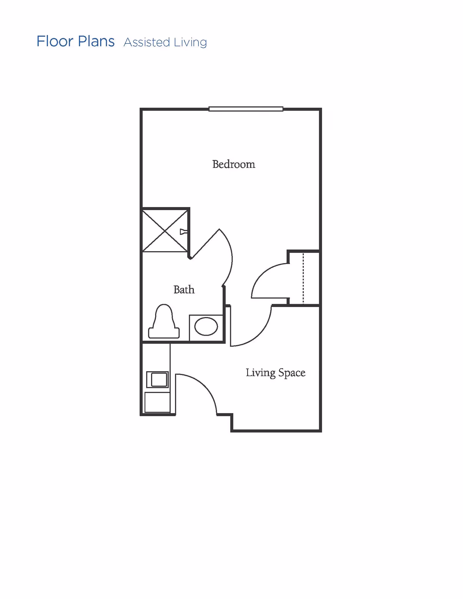 Floor plan layout of an assisted living unit showing a bedroom, bath with shower, toilet, and sink, and a living space area.