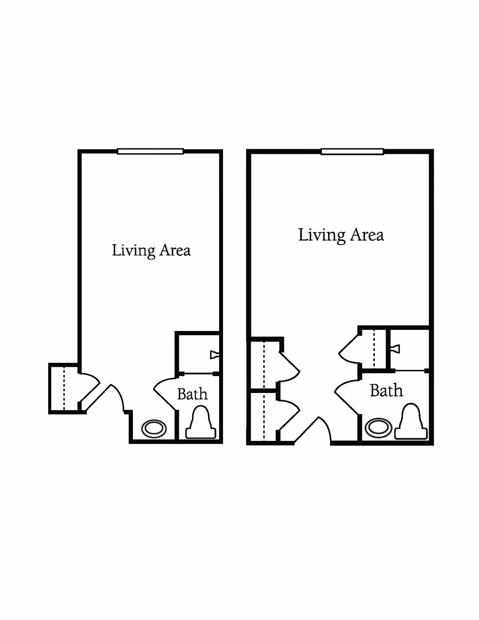 Black and white architectural floor plan showing two layouts, each with a living area and a bathroom labeled 'Bath'. The left layout has a single entrance and a small bathroom, while the right layout has a slightly larger bathroom and two closets near the entrance.