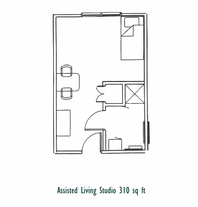 Hand-drawn floor plan of a 310 sq ft assisted living studio showing a main living/sleeping area with a bed, small dining table, kitchenette and a separate bathroom.