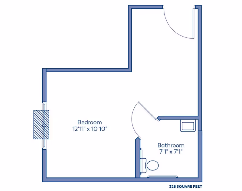 Floor plan of a 328-square-foot unit showing a bedroom (12'11" x 10'10") and a bathroom (7'1" x 7'1") with door placements.