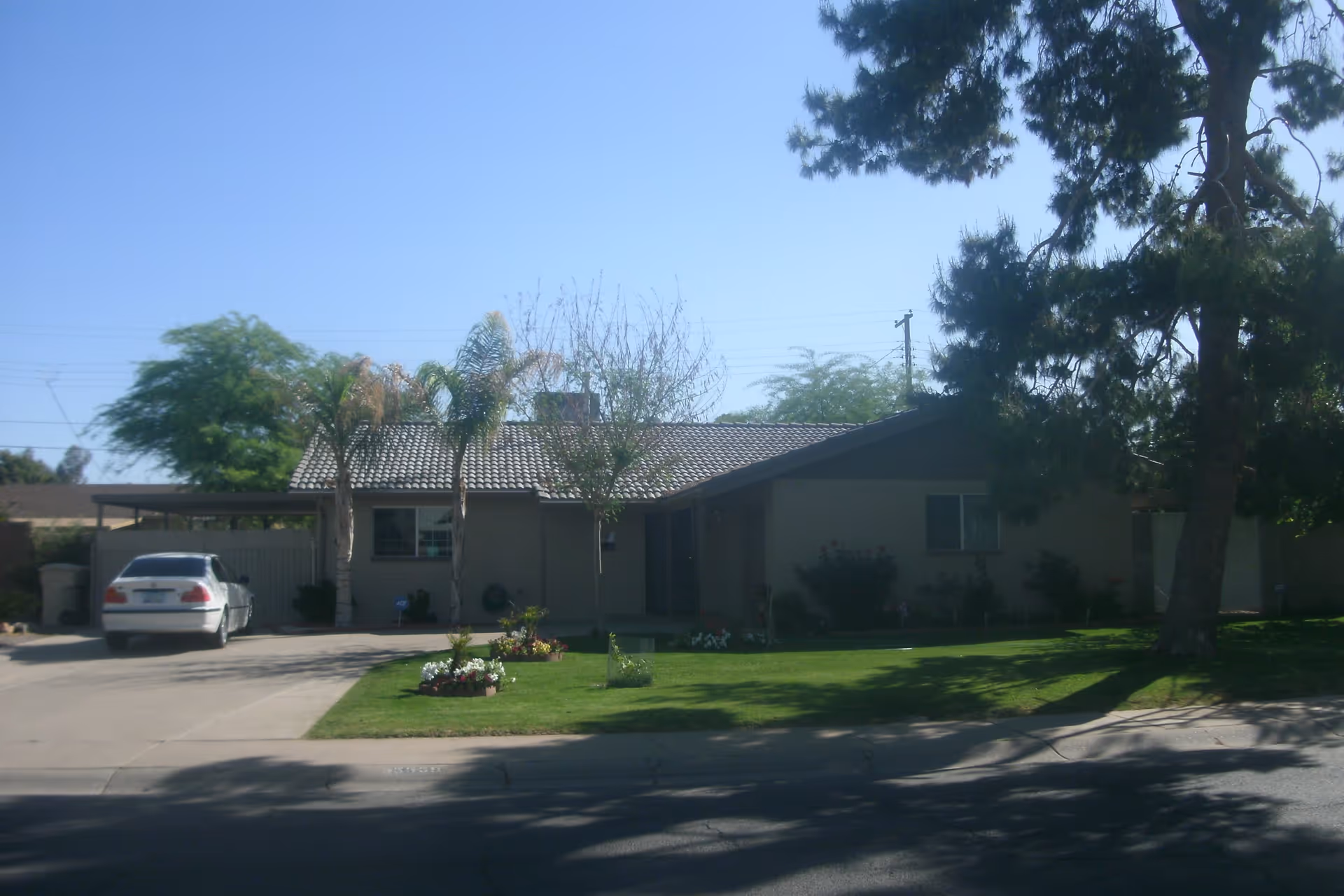 Single-story residential house with a tiled roof, a driveway with a white car parked, a well-maintained front lawn with flower beds, and several trees including palm trees and a large pine tree.