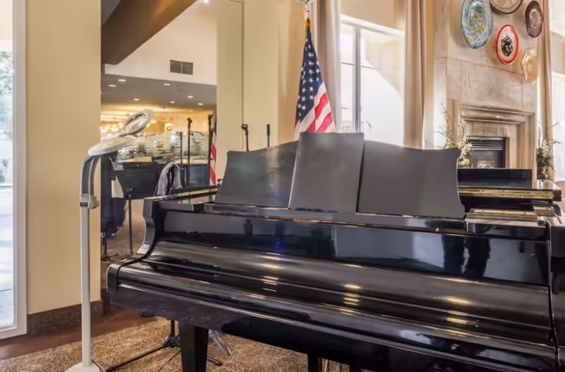 A black grand piano in a well-lit room with large windows, an American flag behind it, and decorative plates mounted on the wall above a fireplace.