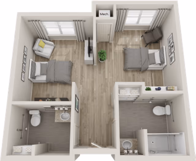 3D floor plan of a senior living unit at The Ashford of Grove City featuring two bedrooms, each with a bed, chair, and window. The unit includes two bathrooms, one with a shower and the other with a toilet and sink. The central area has a TV and a plant, with wood flooring throughout.