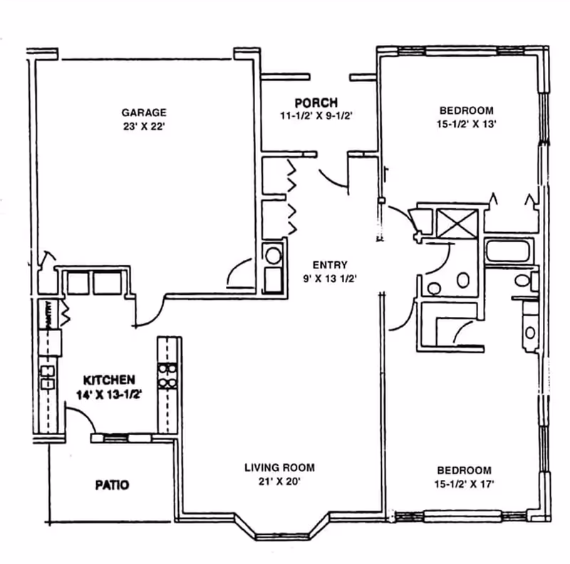 Architectural floor plan of a residential unit showing a garage, porch, entry, kitchen, patio, living room, and two bedrooms with dimensions labeled.