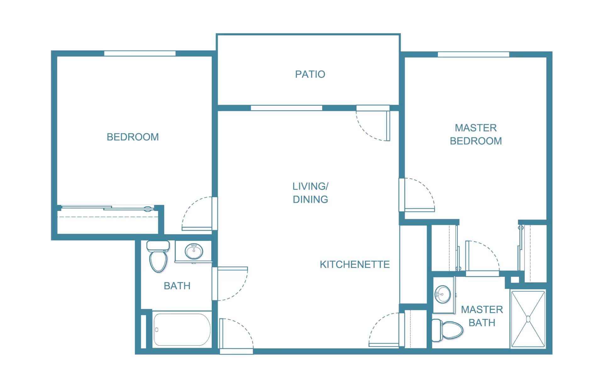 Floor plan layout of a living space at TerraBella Myrtle Beach showing two bedrooms, a living/dining area with kitchenette, two bathrooms, and a patio.