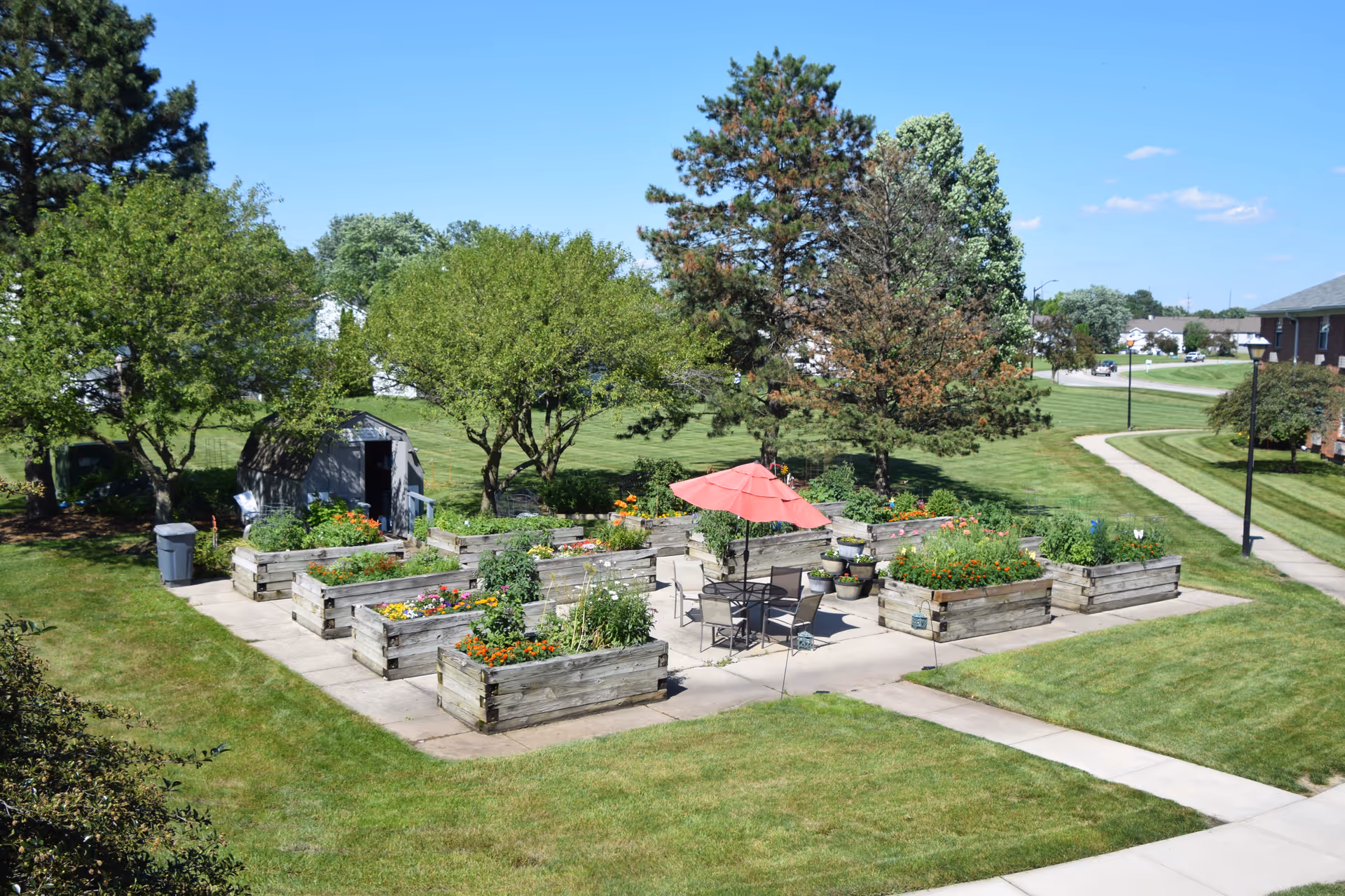 Outdoor garden area with multiple raised wooden planter boxes filled with various plants and flowers. In the center, there is a patio table with four chairs and a red umbrella. Surrounding the garden are green lawns, trees, a small shed, and a paved walkway. The sky is clear and blue.