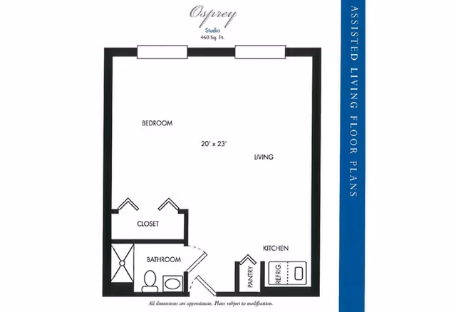 Floor plan of a studio apartment named Osprey with 460 square feet, showing a combined bedroom and living area measuring 20 by 23 feet, a closet, a bathroom with a shower, toilet, and sink, a kitchen area with pantry, refrigerator, and sink.