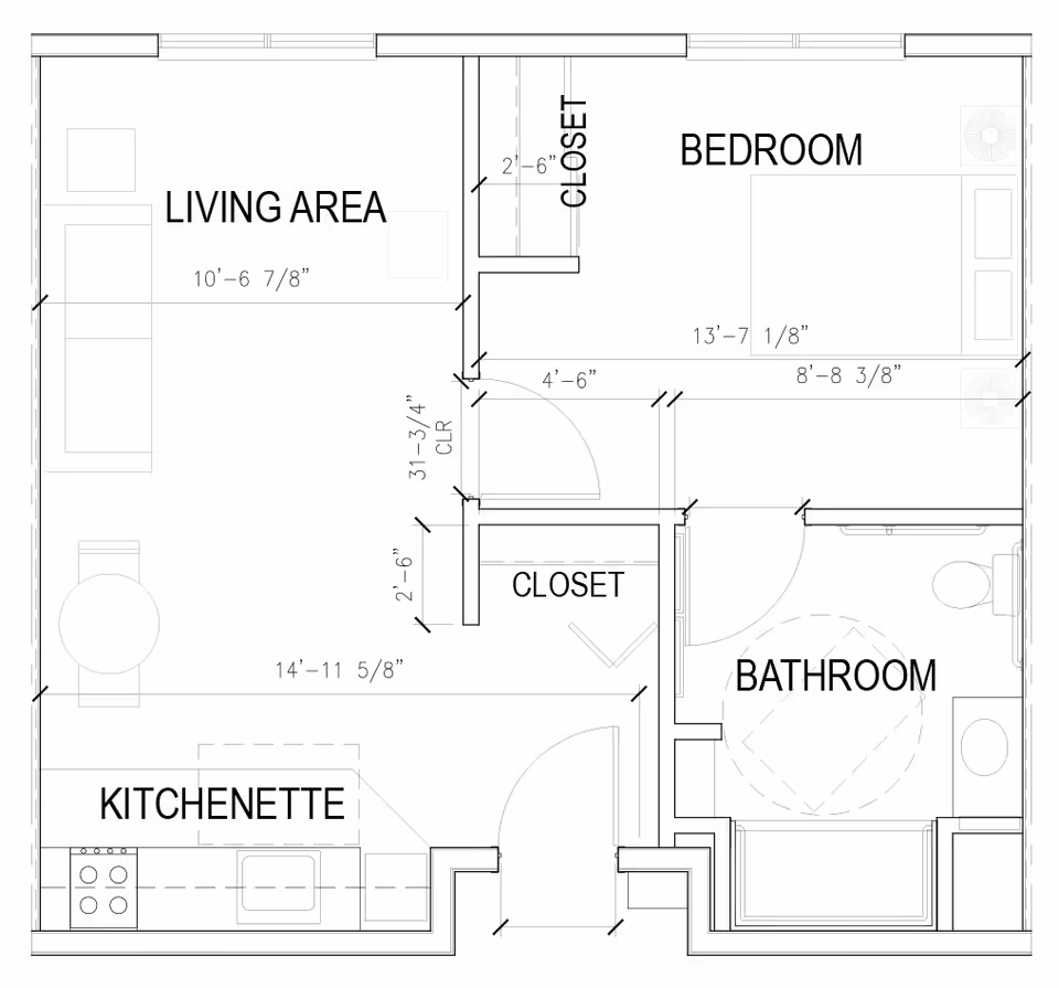 Black-and-white floor plan of a small apartment showing a kitchenette, living area, bedroom, bathroom, and closets with dimensions labeled.