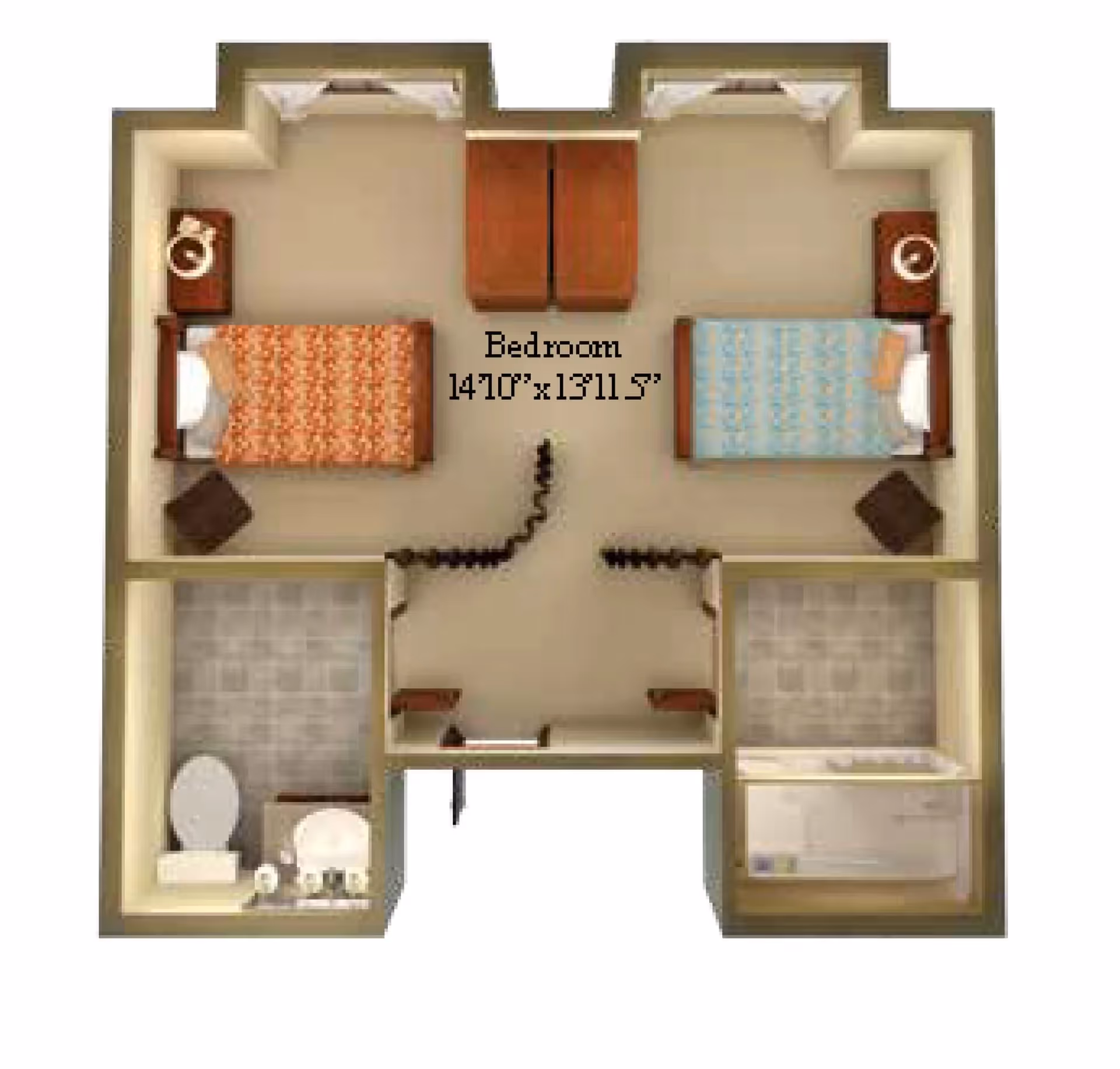Floor plan of a senior living unit showing two bedrooms each with a bed, nightstand, and chair. The bedrooms are separated by a shared closet space. There is a bathroom with a toilet and sink on the left side and a bathroom with a bathtub on the right side. The bedrooms are labeled with dimensions 14'10" x 13'11.5".