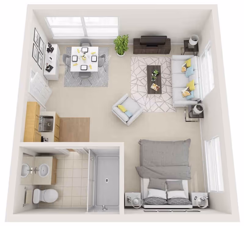 3D floor plan of a studio apartment showing a bed area, living room with sofa and TV, dining table, kitchenette, and a bathroom.