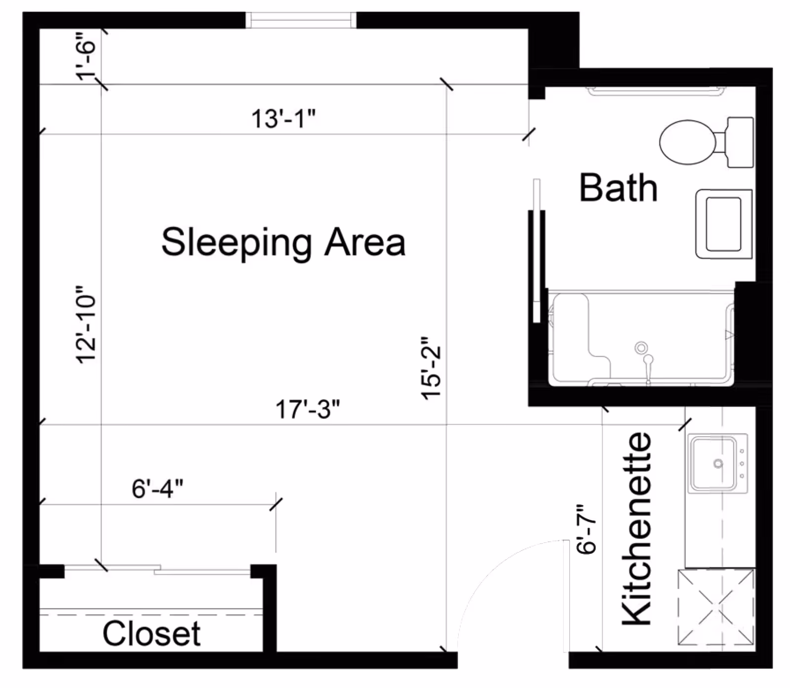 Floor plan layout showing a sleeping area with dimensions, a closet, a bath with toilet and bathtub, and a kitchenette with a sink and refrigerator.