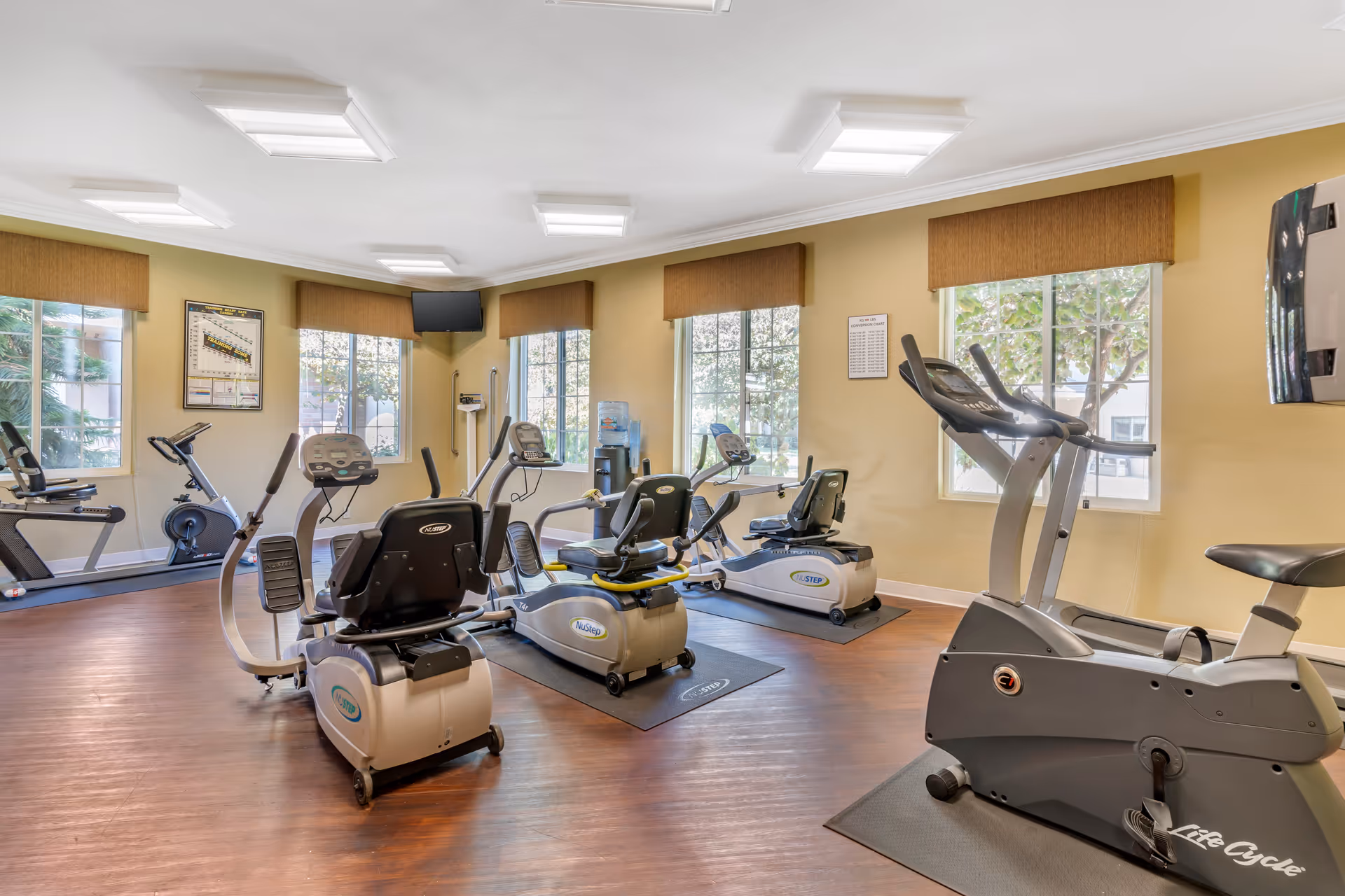 A well-lit exercise room with several stationary exercise bikes and NuStep machines arranged on wooden flooring. The room has large windows with brown valances allowing natural light to enter, a wall-mounted TV, and a water dispenser. The walls are painted a warm beige color.