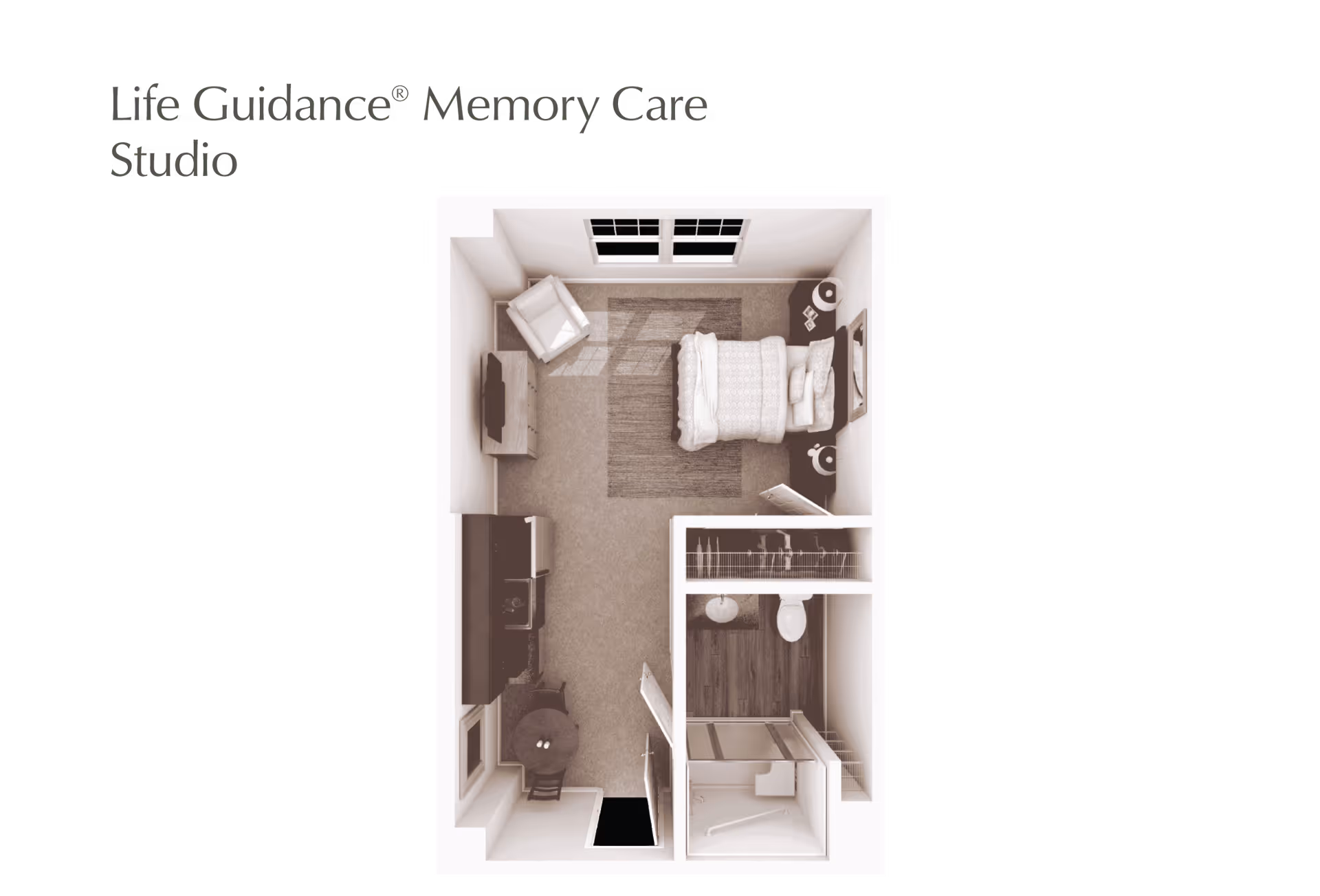 Top-down floor plan of a Life Guidance Memory Care Studio apartment showing a bedroom area with a bed, armchair, TV on a stand, and two nightstands. The apartment also includes a kitchenette with a small dining table and chairs, and a bathroom with a shower, toilet, and sink.
