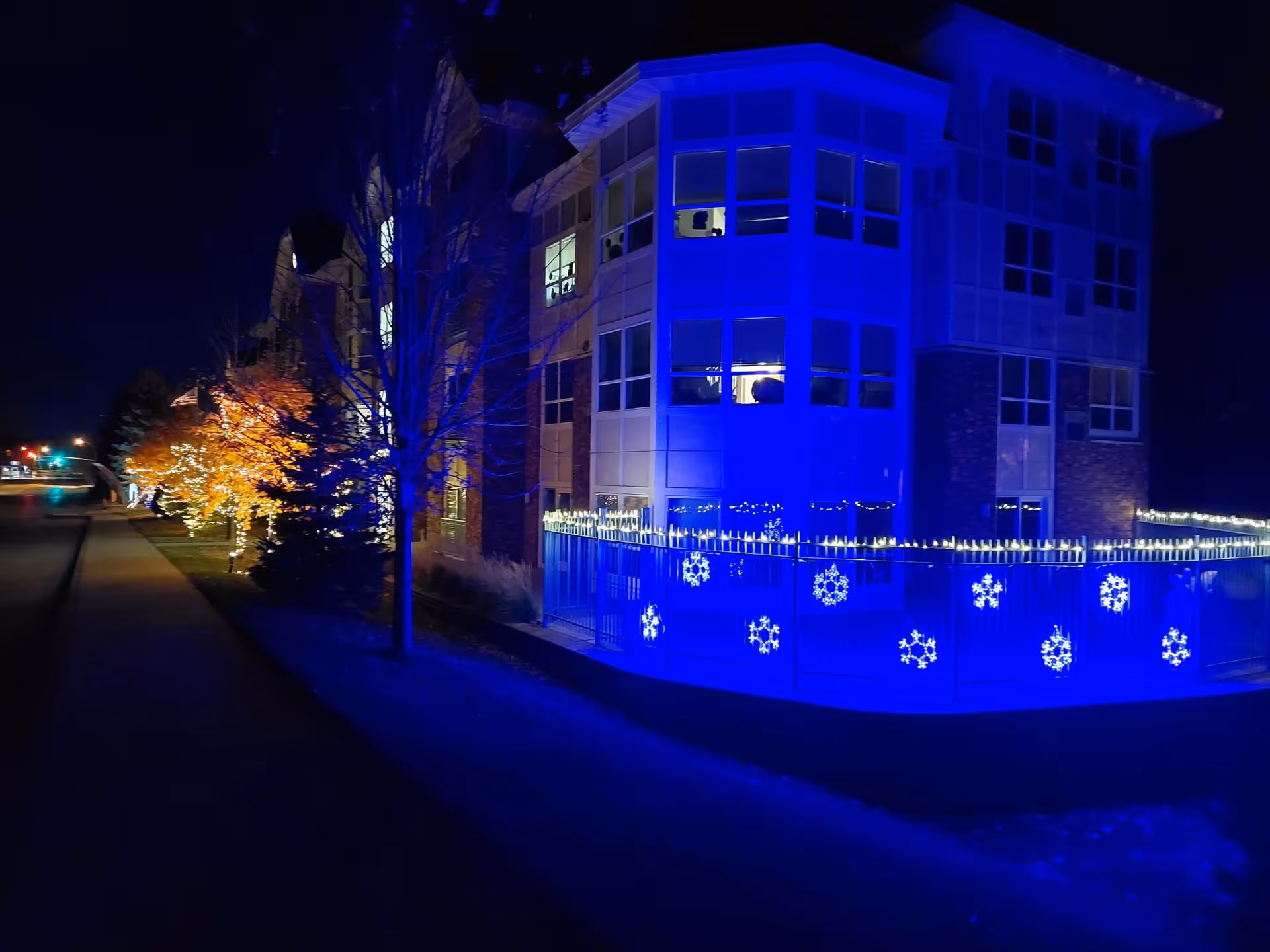 Night view of a senior living facility building illuminated with blue lights and decorated with snowflake-shaped string lights on the fence. Trees along the sidewalk are also decorated with white lights, and the building has multiple windows visible.