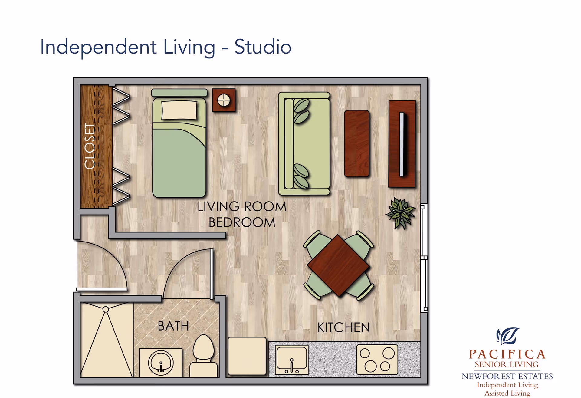 Floor plan of a studio independent living unit showing a combined living room and bedroom area with a bed, sofa, coffee table, TV stand, and a dining table with four chairs. The kitchen area includes a sink, stove, and refrigerator. There is a bathroom with a shower, sink, and toilet, and a closet near the entrance.