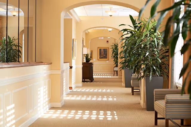 Sunlit carpeted corridor with arched openings, potted plants, and upholstered chairs in a senior living facility.