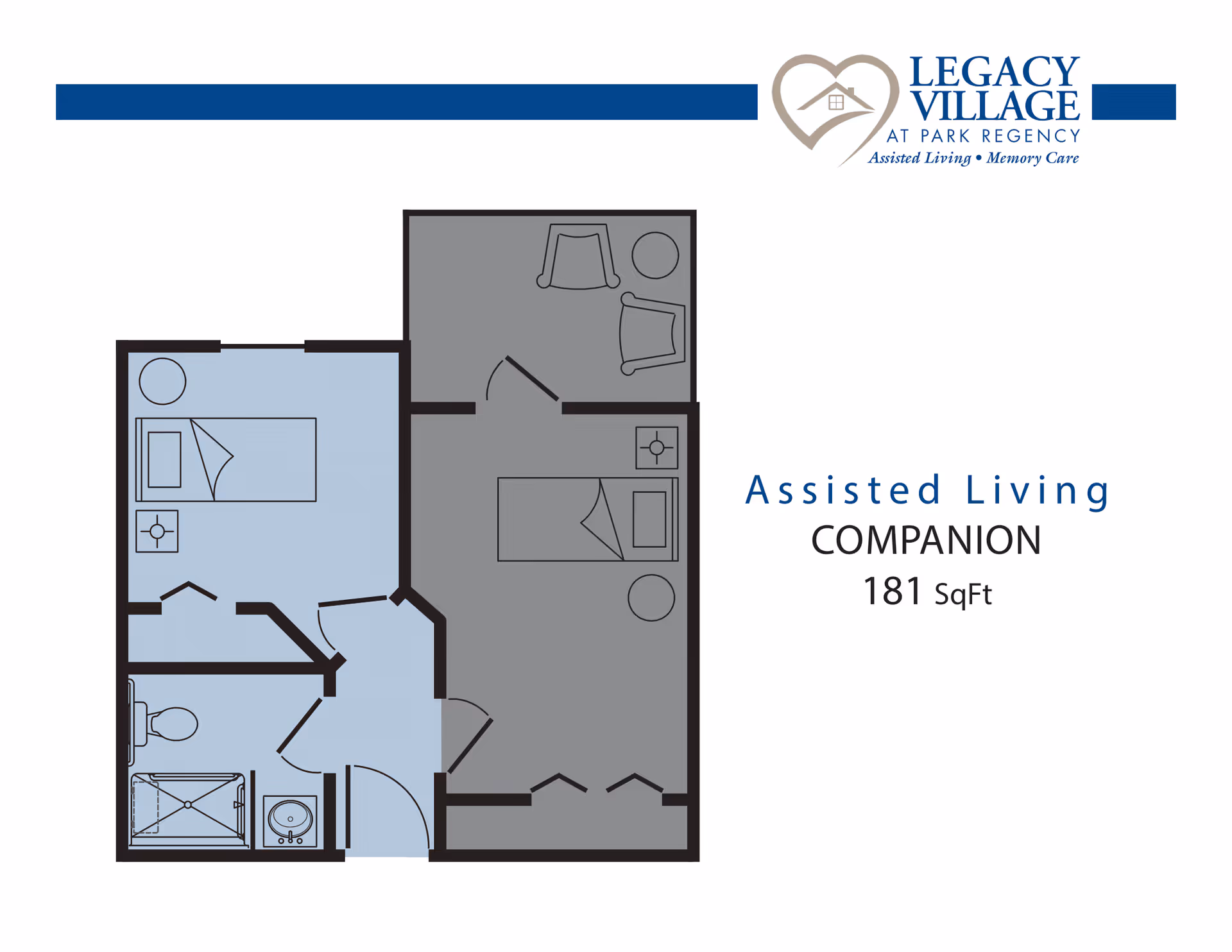 Floor plan of an assisted living companion unit at Legacy Village at Park Regency, showing two bedrooms, a bathroom, and a small sitting area with two chairs and a table. The total area is 181 square feet.