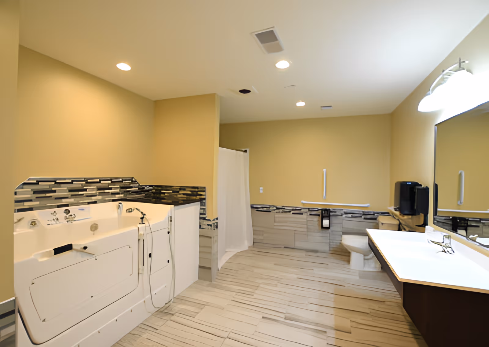 Spacious accessible bathroom with a walk-in tub, roll-in shower (shower curtain), toilet, long vanity and grab bars.