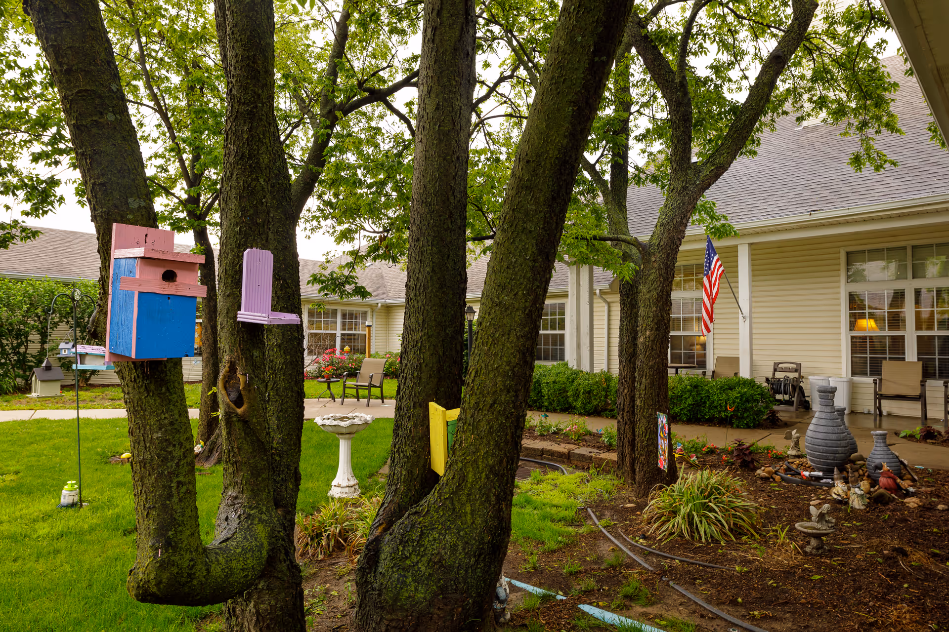 Outdoor garden area with several trees, colorful birdhouses attached to the tree trunks, a birdbath, garden decorations, and a beige building with windows and an American flag in the background.
