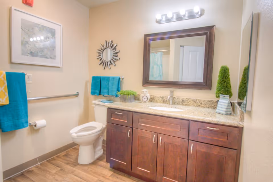 Bright accessible bathroom with a wooden vanity and mirror, toilet with grab bar, and teal towels.
