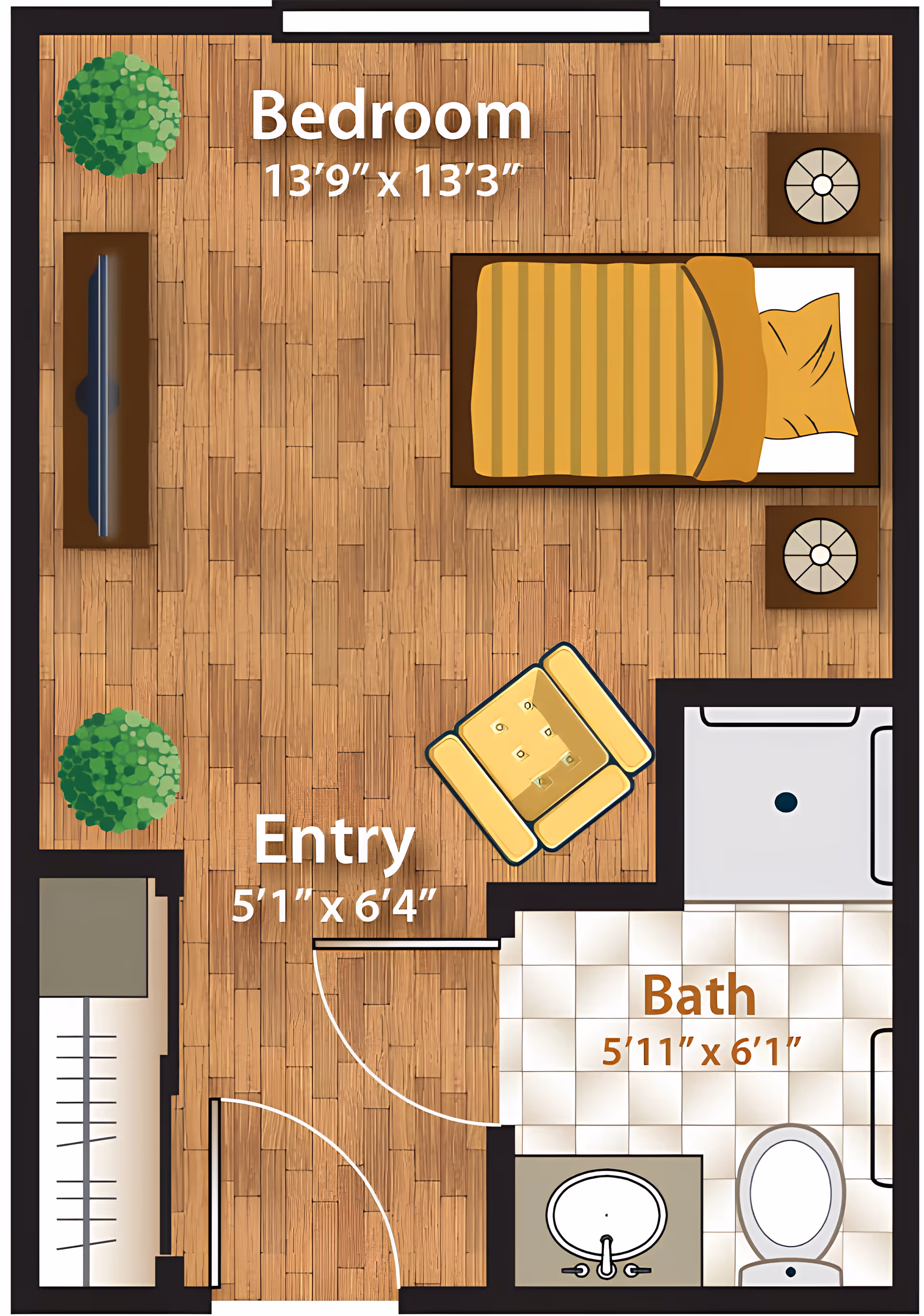 Floor plan of a living space at The Springs Memory Care showing a bedroom measuring 13'9" by 13'3", an entry area measuring 5'1" by 6'4", and a bathroom measuring 5'11" by 6'1". The bedroom includes a bed with two nightstands, a chair, a TV on a stand, and two plants. The bathroom has a sink, toilet, and shower.