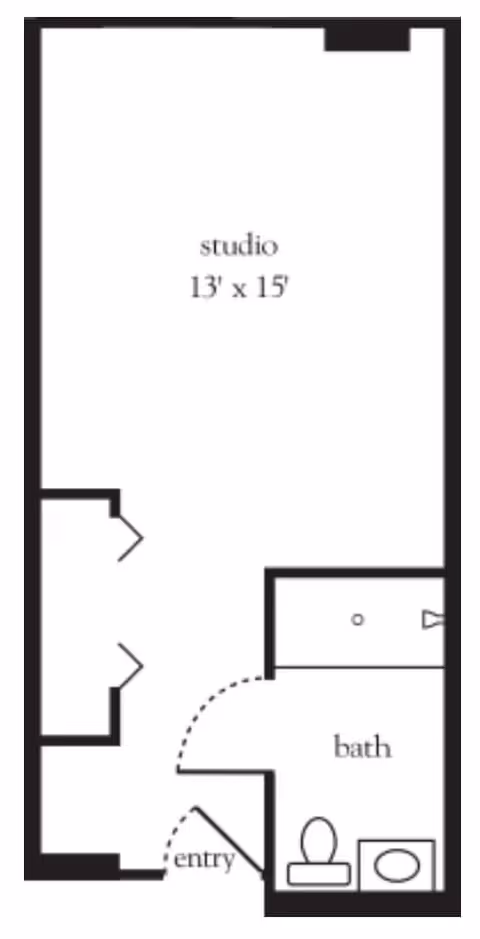 Black-and-white floor plan of a 13' x 15' studio apartment showing an entry, closets, and a bathroom layout.